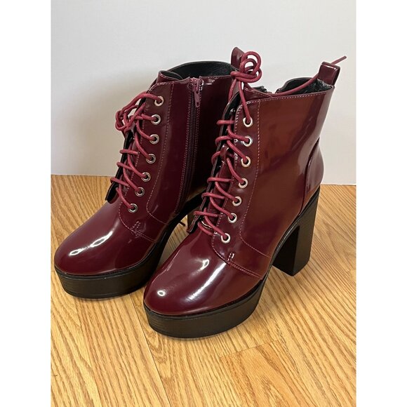 Vintage-Style 7.5 Burgundy Platform Lace-Up Ankle Boots Block Heel Glossy Shine - Picture 1 of 5